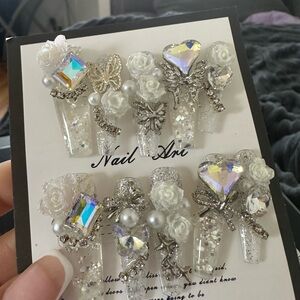 Elegant water nails  Silver and White